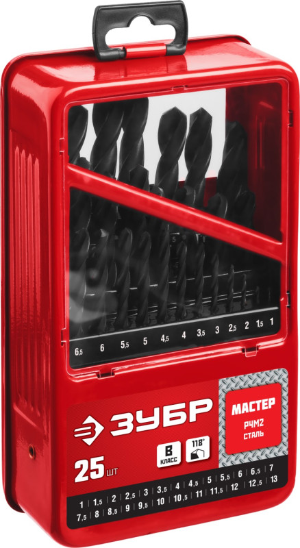 Набор ЗУБР Свёрла по металлу 25 шт, (1-13 мм), Р4М2, класс В, мет.бокс